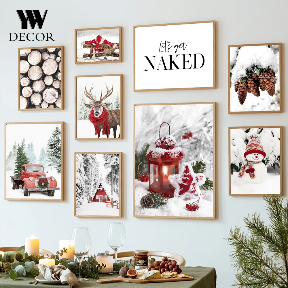 Póster de Navidad de alce, muñeco de nieve y pino, arte de pared, pintura en lienzo, impresiones nórdicas, imagen personalizada, decoración del hogar para habitación de niños