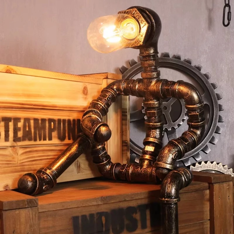 Vintage Industrial Pipe Robot Lamp Creative Punk Style Decor Ornament Ambient Lighting for Cafe Bar Unique Atmosphere Desk Lamp