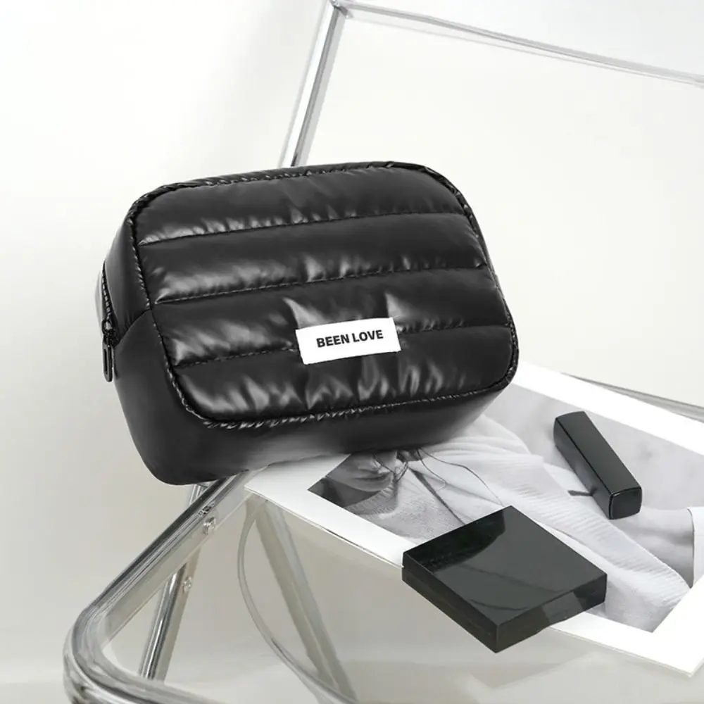 Portable Down Puffy Makeup Bag Large Capacity Solid Color Travel Quilted Toiletry Bag Fluffy Zipper Skincare Storage Bag