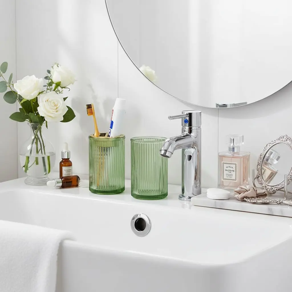 Glass Toothbrush Holder for Bathroom, 2 Pack 12oz Tumbler Cup with Detachable Slot, Toothpaste Organizer for Countertop, Green