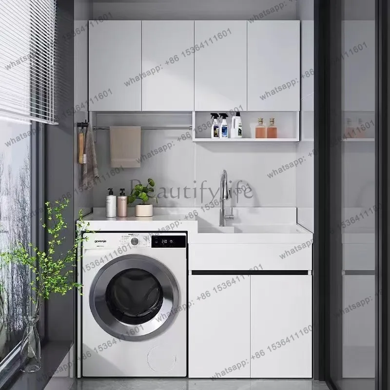 Honeycomb aluminum balcony washing machine cabinet combination high and low with rubbing board laundry sink