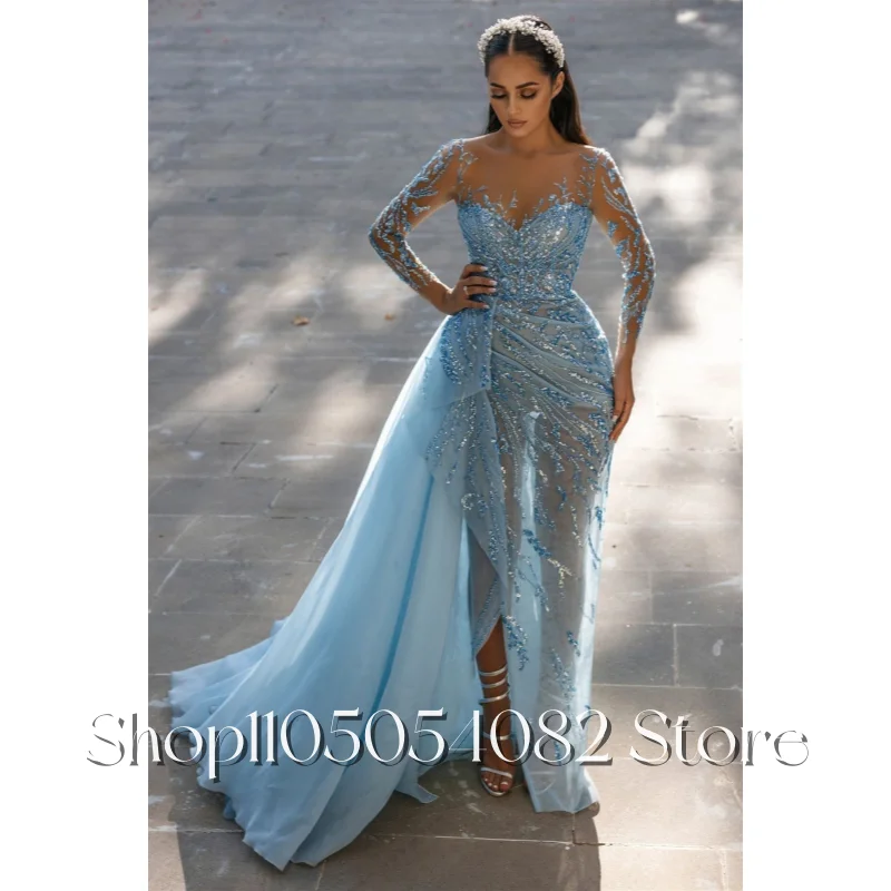 Elegant Navy Blue Special Celebrity Dress Round Neck Tulle Sequins Beaded Ruffles Trailing Women's Evening Gowns Customized