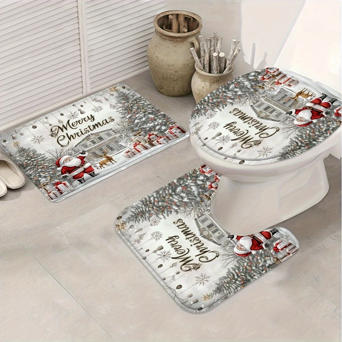 4Pcs Merry Xmas Winter Bath Set, Snowman Deer Cabin Scene, Shower Curtain, 12 Hooks, Non-Slip Mat, U-Shaped Toilet Cover