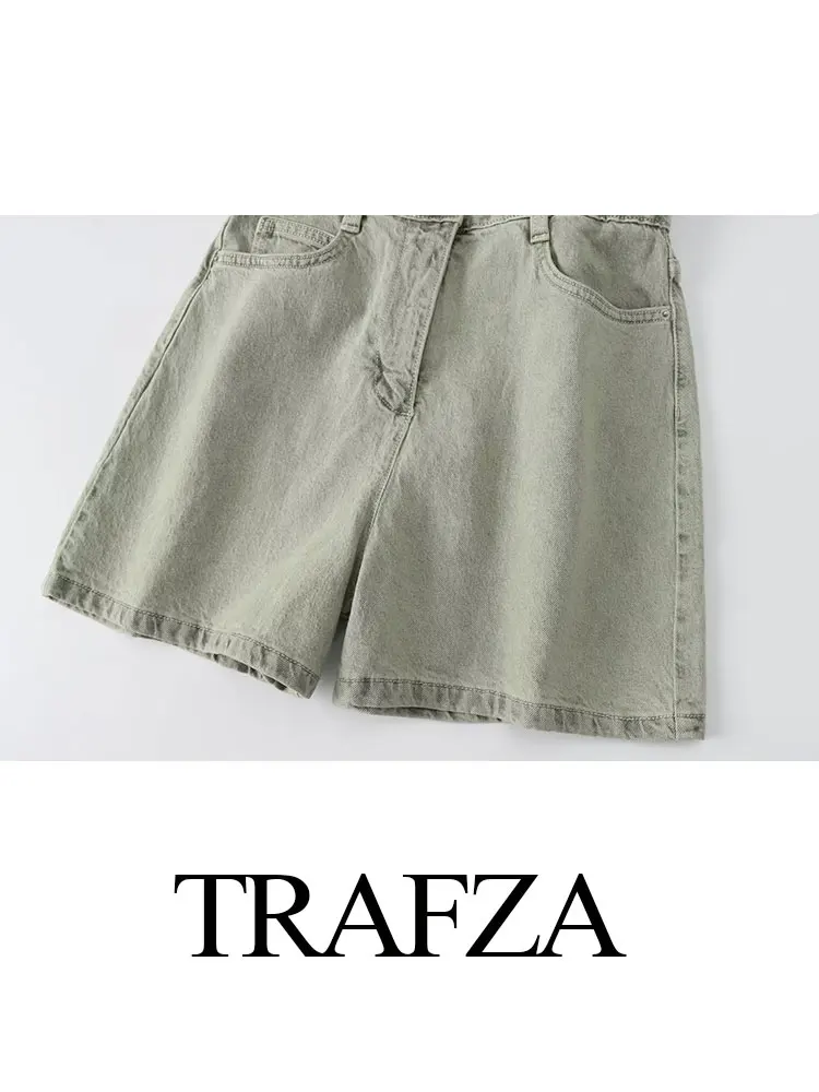 TRAFZA-Combinaison en Denim pour Femme, Couleur Unie, Manches Courtes, Revers avec Poches, lèvent, Vintage, Été, 2024