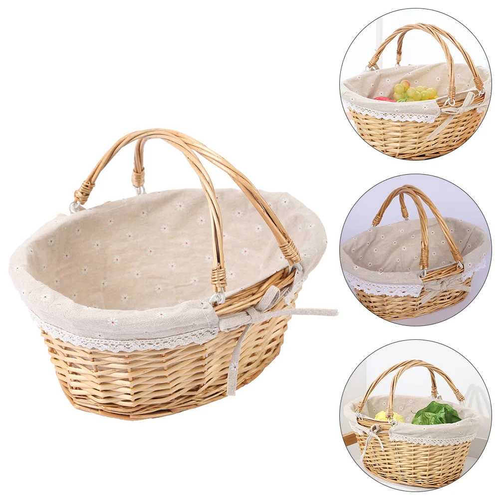 

Small Basket Picnic Laundry Hamper with Lid Handheld Flower Decorate Child Storage