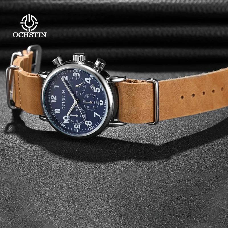 OCHSTIN Men Chronograph Watch Waterproof Leather Strap Quartz Wristwatch Date Display Military Sports Business Male Clock Gift