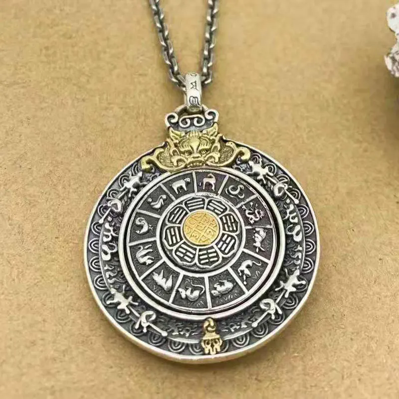 Men and women's pure silver rotating Nine Palaces and Eight Trigrams pendant with retro wholesale silver jewelry and personalize