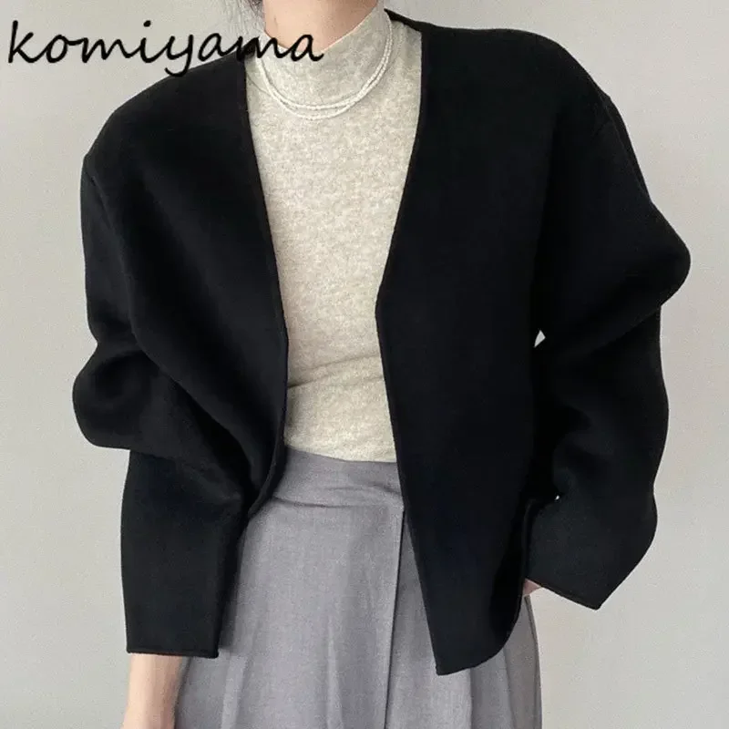 Komiyama Fashion Simple Jackets V Neck Long Sleeve Coats Minimalist Spring Winter Clothes Women Solid All Match Workwear