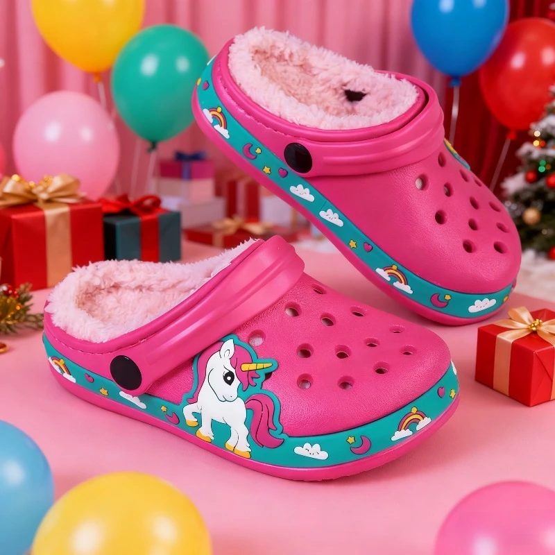 

Зимние детские тапочки, теплые плюшевые сабо для девочек, милые розовые детские повседневные спортивные сандалии, меховые тапочки для девочек и мальчиков