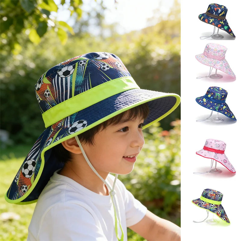 Children Sun Protection Hats Spring Summer Outdoor Neck Ear Cover Adjustable Strings Hats Wide Brim Beach Swim Pool Hats