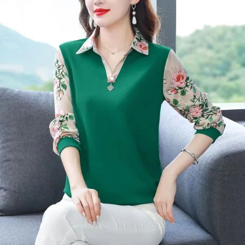 Spring and Autumn Elegant Fashion Shirt Women Trendy Vintage New Basic Office Lady Patchwork Long Sleeve Floral V Neck Slim Top