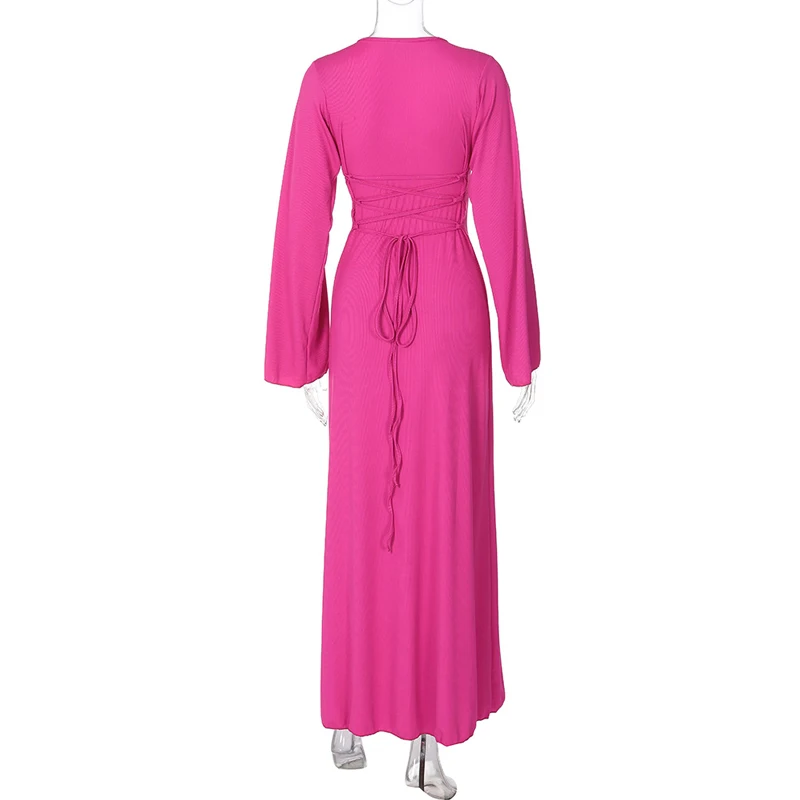 Long Maxi Dress With Sleeves Autumn Winter Arabian Kaftans Women Fashion Dressy Flare Sleeve Lace Up Traditional Dresses Robes