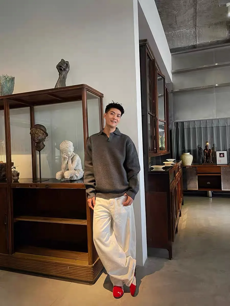 

American Sle Collar Knitwear Jaet Men's Spring Autumn Casual Lazy BF Versatile Couple's Top Soft Thiened Long Sve