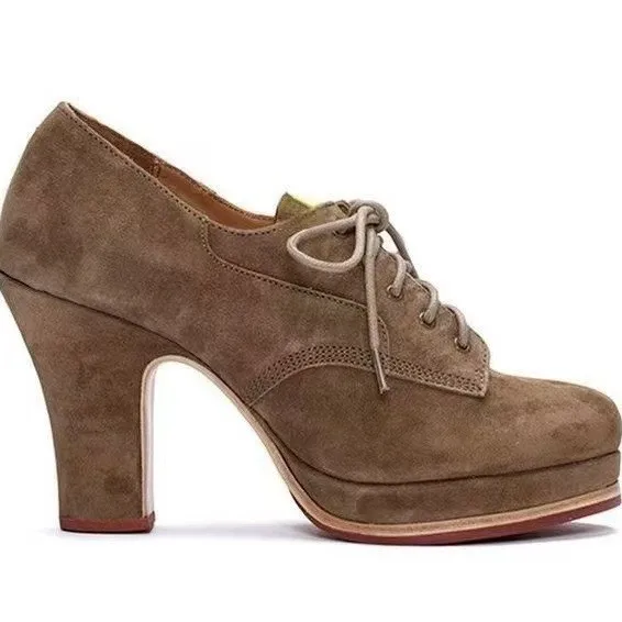 New Spring/Autumn Women Brown Suede Single Shoes Vintage Double Platform Round Toe Chunky Heel Lace Up Casual Dress Shoes Pumps