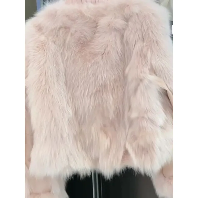 Women Pink  Eco-friendly Faux Fox Fur Short  Tassel Trim Designer  Ageing Jacket  Furry Top Warmth  Luxury Niche Jacket Women