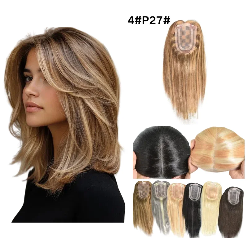 

Women Hair Topper 100% Human Hair Hand Tied On Mono Pu Base 4x6inch 12inch Middle Part For Gray Coverage