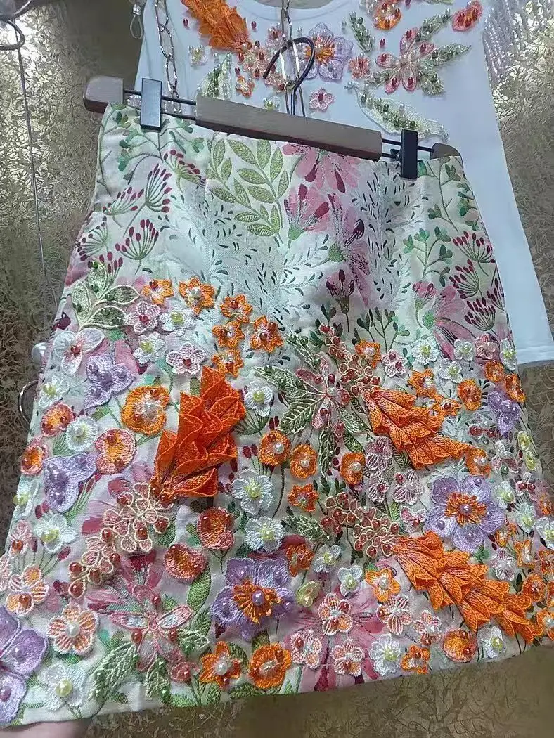 New In 2024 High Street Vintage Flower Embroidered Beaded Half Skirt For Women Short Mini Faldas Woman Skirts Clothes