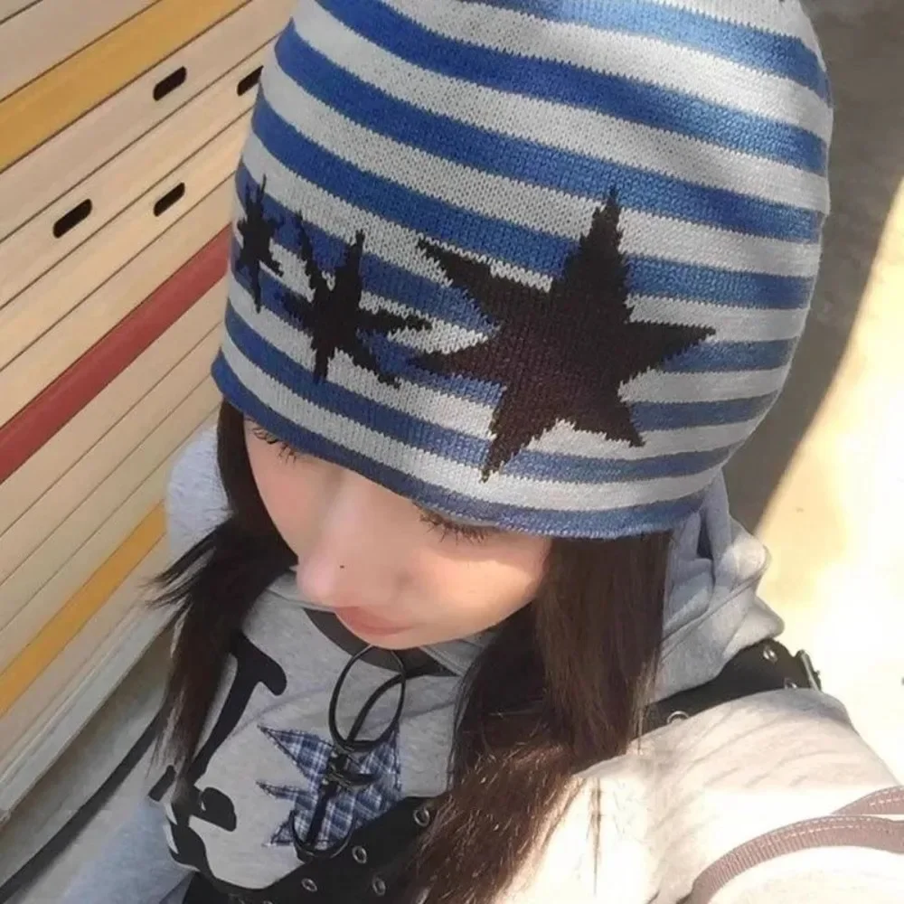 Korea Star Stripe Knit Apparel Accessories Panelled Casual All-match Y2k Goth Hats Minority High Street Simple New Caps