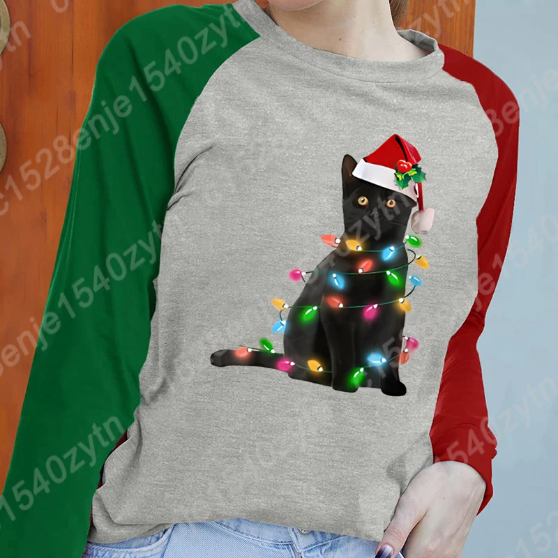 Fashion Clothes Women Long Sleeve Pullover Christmas Black Cat Christmas Light Sweatshirts Ladies T Shirts O-neck Loose T-shirts