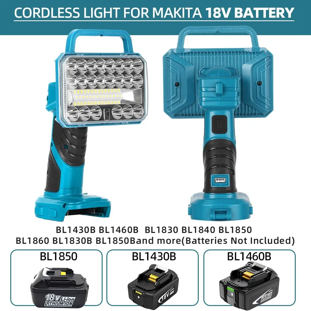 Portable Cordless LED WorkLight with USB for Makita/DeWalt/Milwaukee/Bosch/Black&Decker/Craftsman/Ryobi 18/20V Lithium Batteries