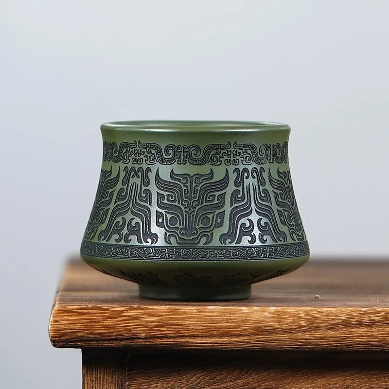 Handmade Yixing Green Clay Master Tea Cup Chinese Kung Fu Tea Ceremony Cup Vintage Bronze Pattern Zisha Teacup 170ml