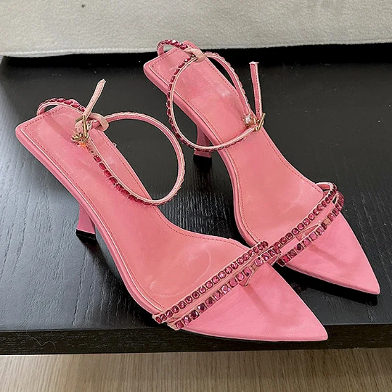 Sexy Crystal Designer Women Sandals Narrow Band Buckle Strap High Heels Party Shoes Pointed Toe Slingbacks Shoe Zapatos De Mujer