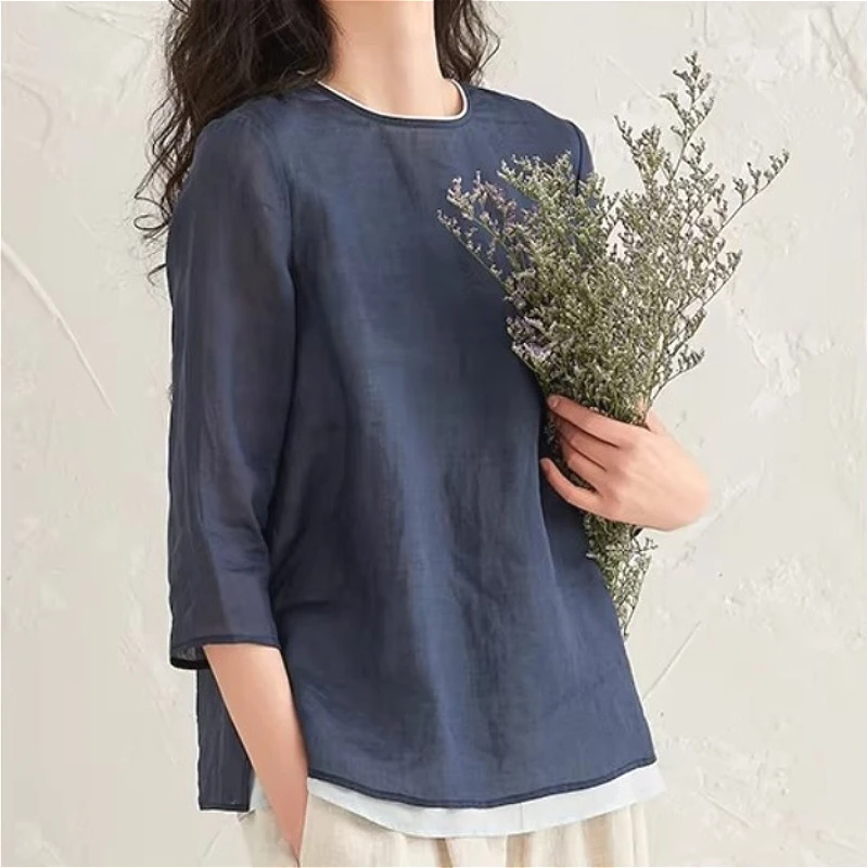 

Women T Shirts Tops Spliced Tees Three Quarter Sleeves Round Neck Slight Strech Loose Fit Casual Streetwear 2026 Spring Summer