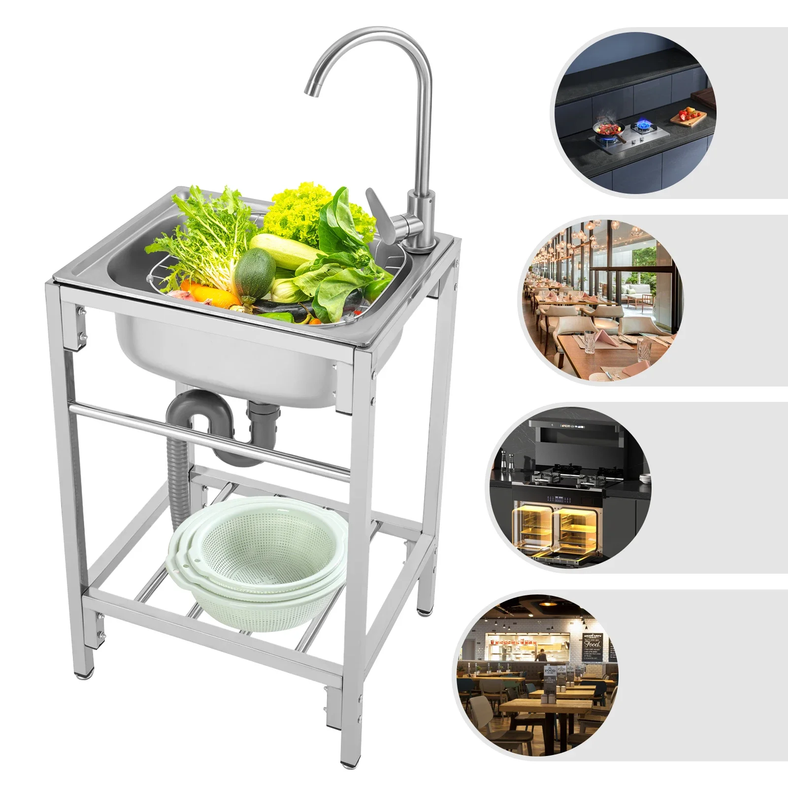 

Single Bowl Basin Sink,7.5in Deep Sink,202 Stainless Steel Freestanding Home Kitchen Sink,43*33*19cm,with Cold/Hot Tap,Pipe
