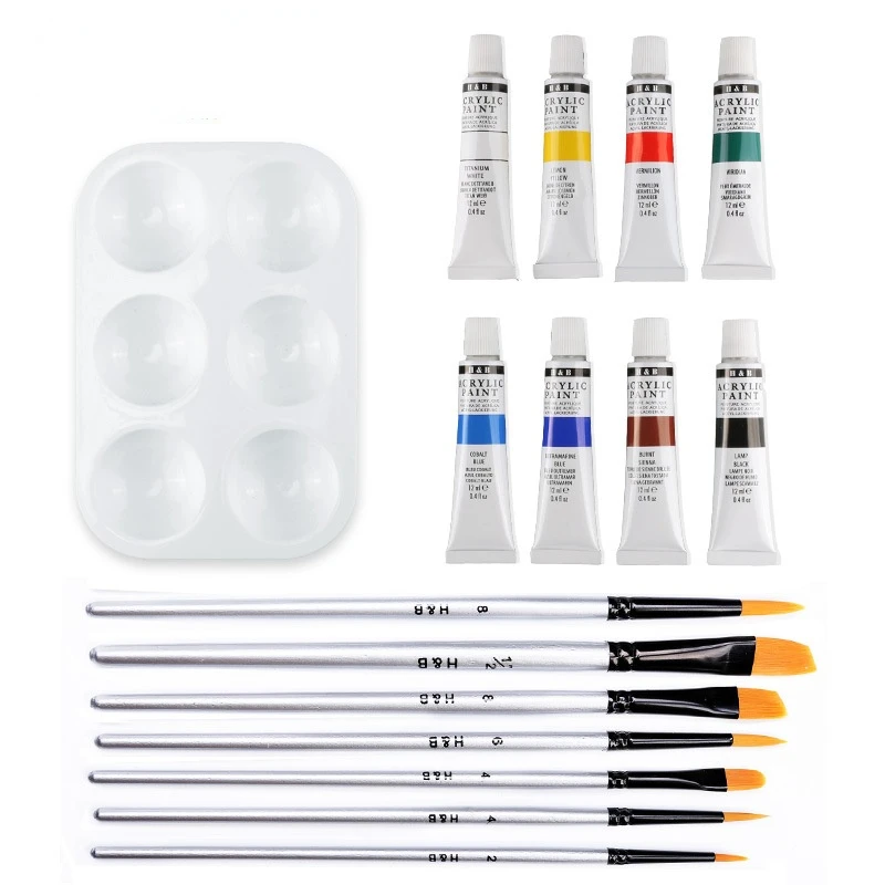 

16 Pieces of Acrylic Paint Painting Set Nylon Hair Brush Six-hole Palette Portable Student Beginner Art Sketch Tool