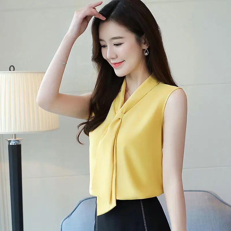 Spring Summer New Solid Color Sleeveless Chiffon Shirt Bow V-neck Tie Collar Elegant Shirt Korean OL Style Blouse for Female