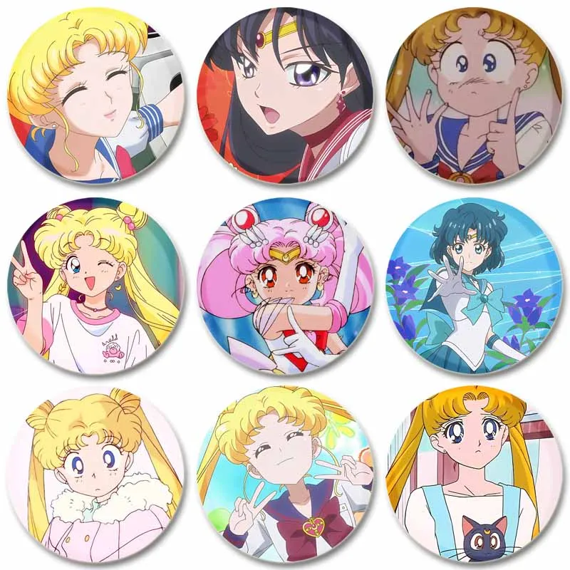 Anime Usagi Tsukino Rei Hino Minako Aino Makoto Kino Ami Mizuno Badge Tinplate Soft Button Pin Brooches for Backpack Decor Gifts