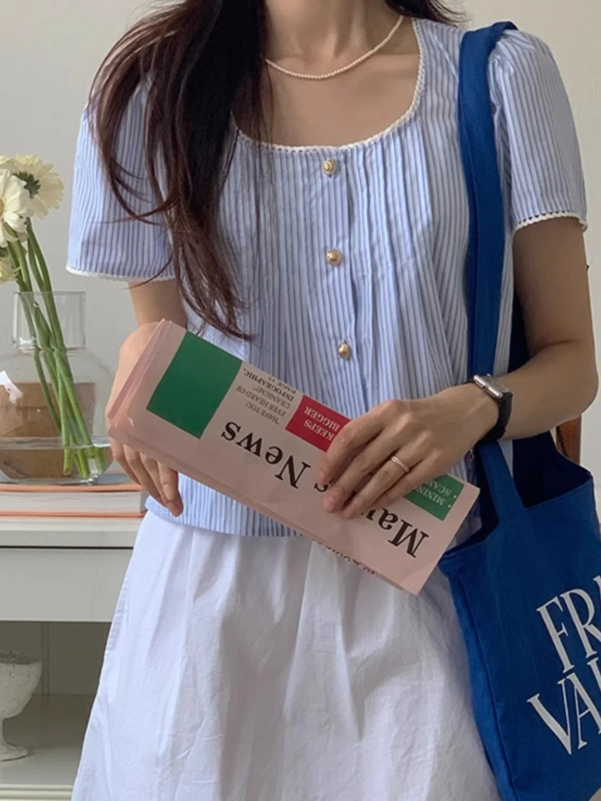 

Blue Striped Ruffle Patchwork irt Women Chic Sweet Retro Square Collar Single Button ort Sle Fem Top Faionable