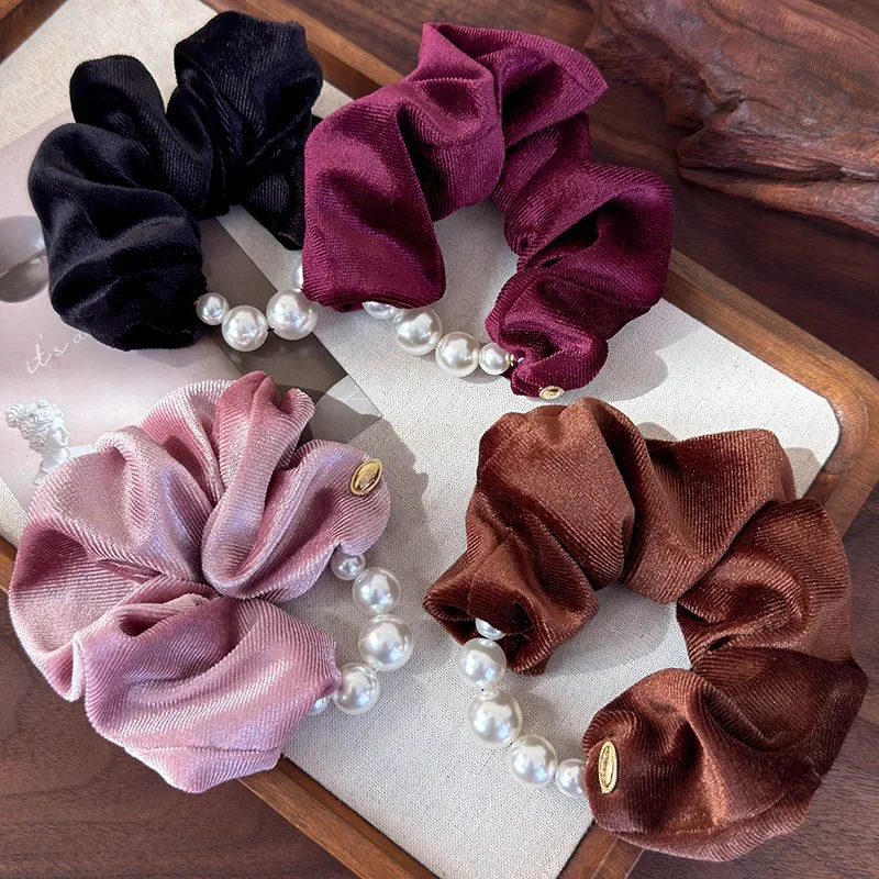 Retro Luxury Velvet Pearl Hair Scrunchies High Elastic Headbands for Womens Elegant Hair Band Female Ties Ponytail Head Rope New