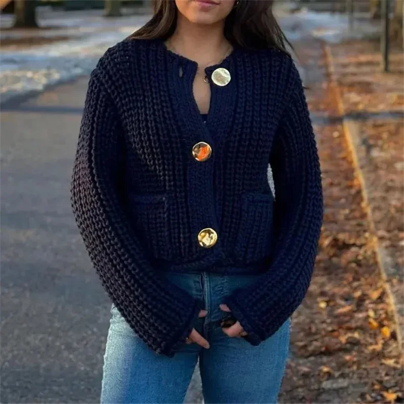 Womens Chunky Crochet Knit Cardigan Long Sleeve Crewneck Button Down Crop Knit Tops Trendy Fall Sweater with Pockets