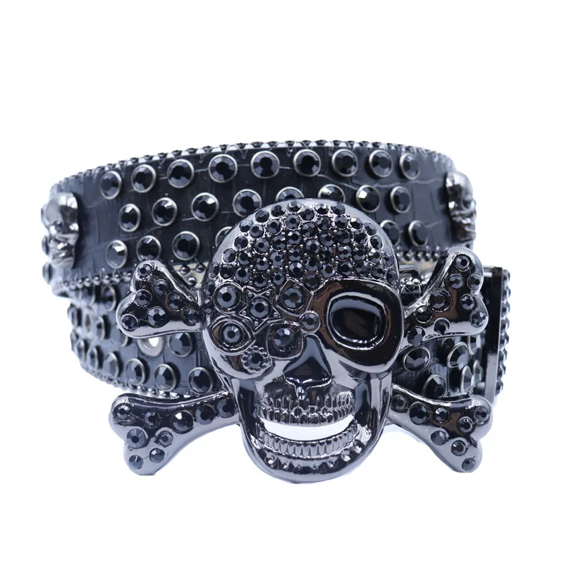 New Punk Western Big Skull Sparkly Men Women Leather Belt Bling Diamond Rhinestone Belt