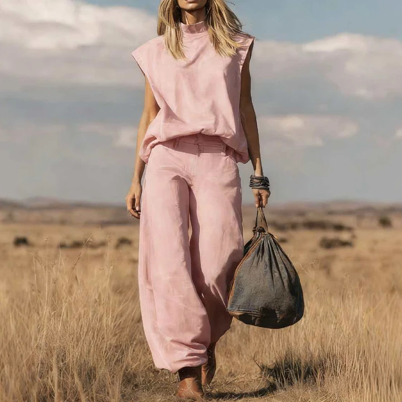 

Casual Loose Outdoor Outfit Women Stand Collar Short Sleeved Top and Wide Leg Pants Summer Suit Simple Solid Holiday 2 Piece Set