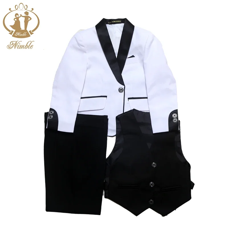 Spring Autumn Formal Suit for Boys Children Party Host Wedding Costume Coat Vest Pants 3Pcs White Wholesale Clothing Sets