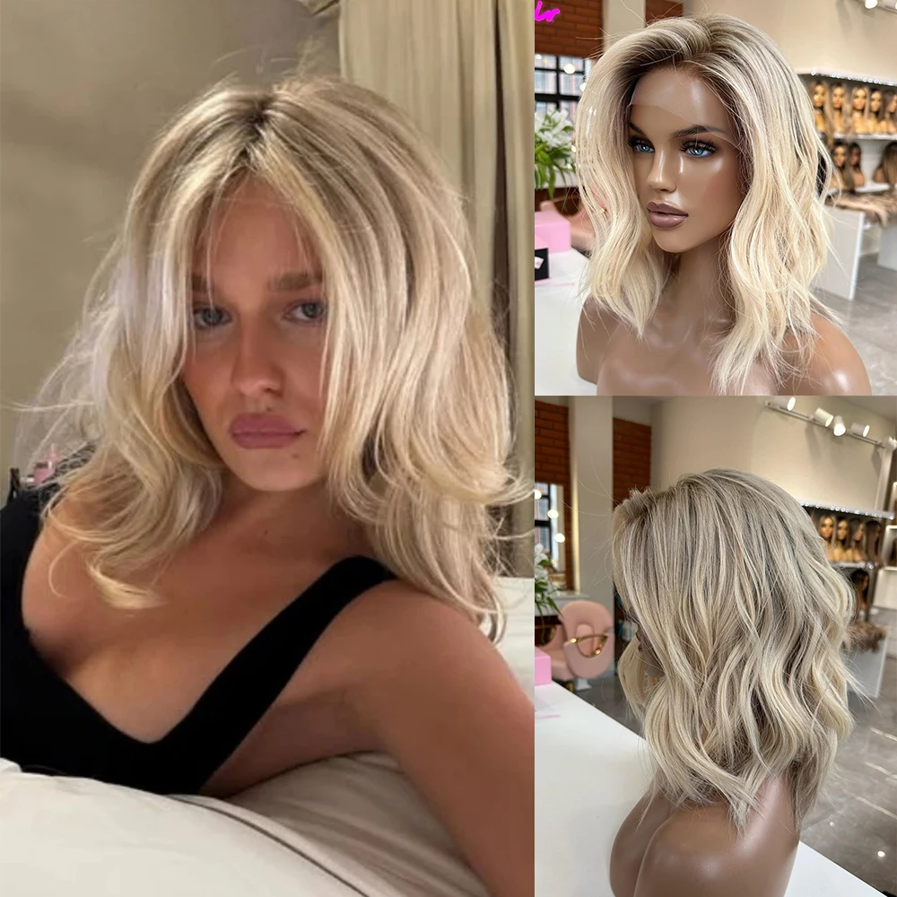 

Кремово-русый парик с кружевной передней частью 13x4 для женщин, 12 дюймов, омбре с темными корнями, синтетические волосы, короткий боб, парик с кружевным фронтом, натуральная волна