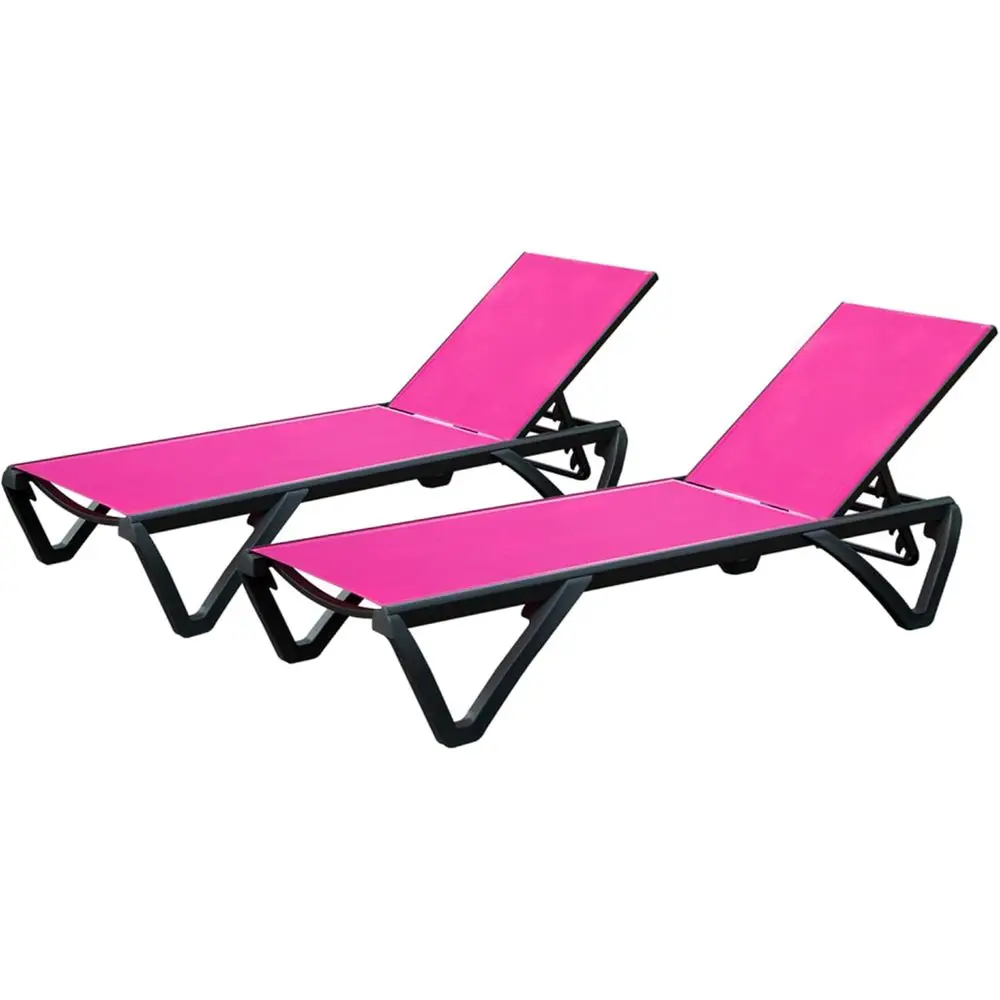 

Набор из 2 устойчивых к атмосферным воздействиям шезлонгов для отдыха на открытом воздухе с регулируемой спинкой, колесами и розово-красным цветом.