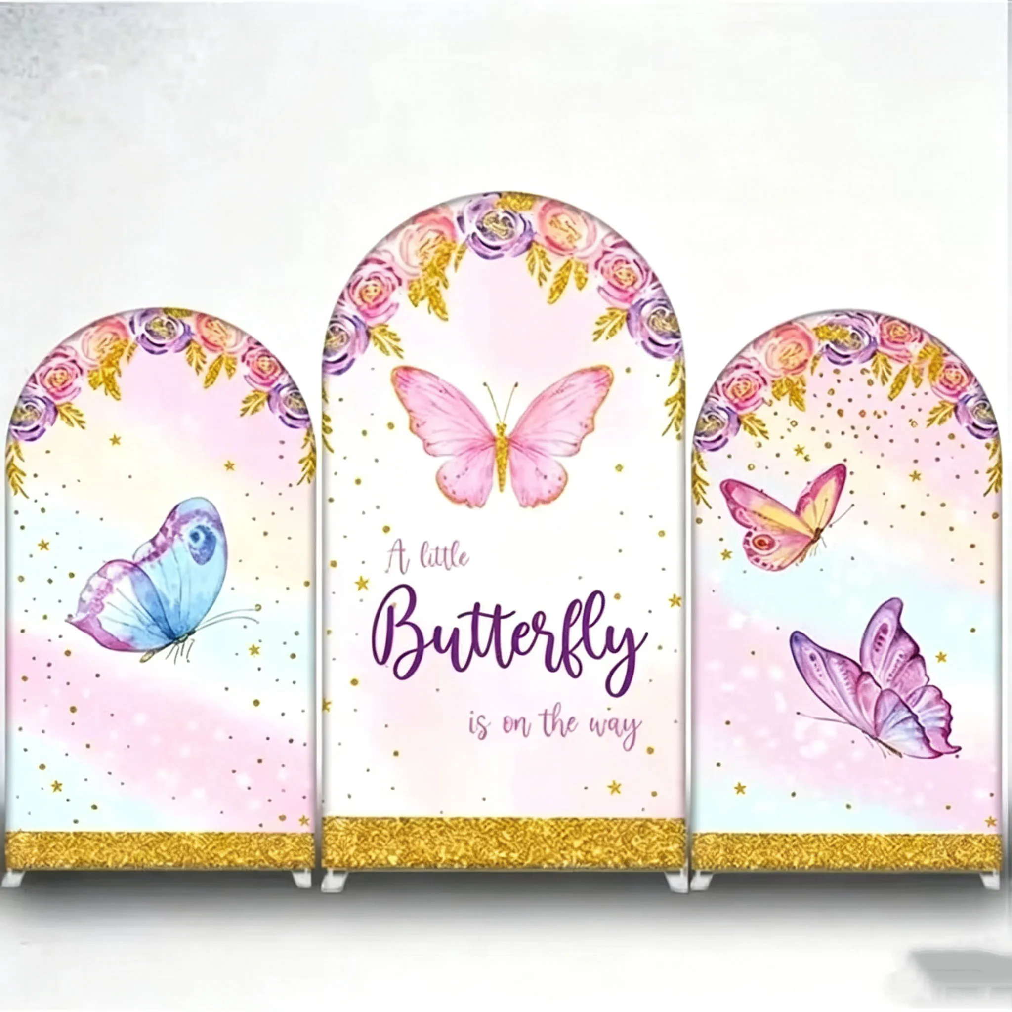 Custom 2-Side A Little Butterfly Is On The Way Baby Shower Arch Backdrop Cover Pink Purple Gold Floral Gender Reveal Decor