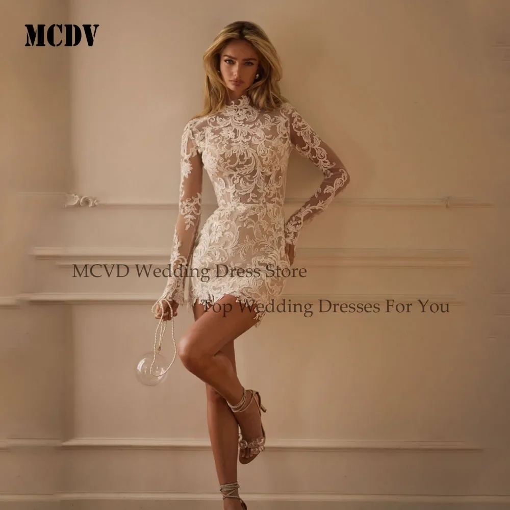 Civil Lace Wedding Dress Appliques High Neck Full Sleeves Mini Bride Gown Above Knee See Througt Customized свадебное платье