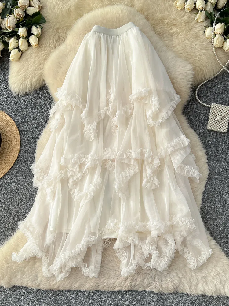 Women's Apricot Mid Long Skirt Vintage A-line Mesh Skirt Harajuku Korean Style Y2k Asymmetrical Skirts 2000s Clothes Summer 2026