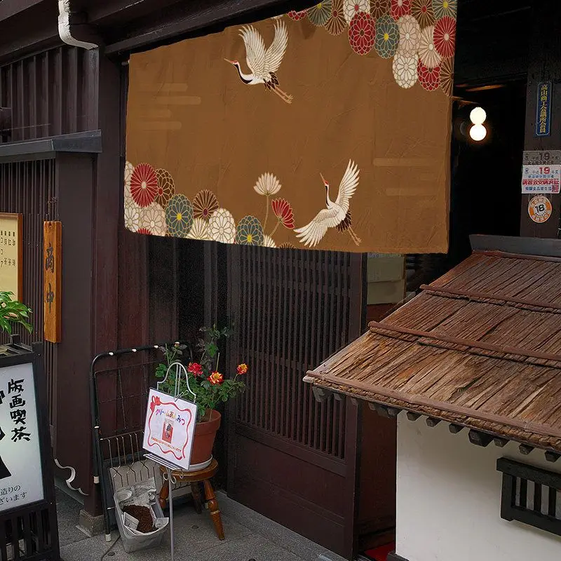 VIKAMA Japanese Short Curtain Brown Gold Crane Chrysanthemum Wave Print Cafe Curtain For Kitchen Window Restaurant Bar Entryway