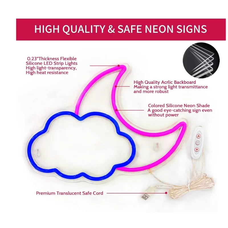 Cloud Moon Neon Sign LED Light, Azul, Rosa, Quarto de Crianças, Quarto, Meninas, Festa de Casamento, Bar, Christmas Night Light, USB, 13x8 Polegadas, 5V