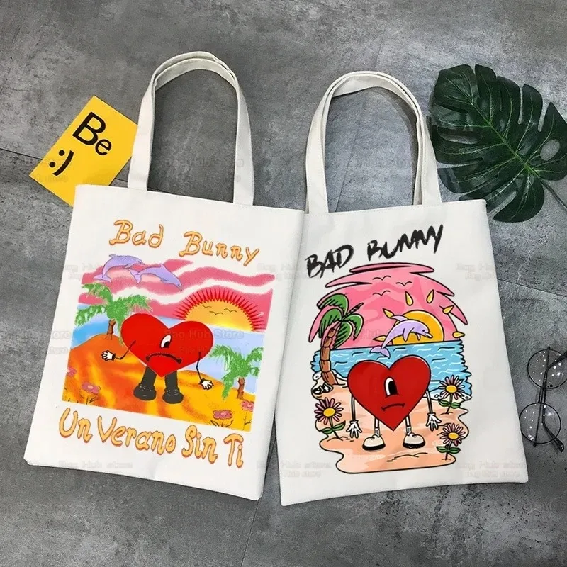 

Un Verano Sin Ti Canvas Shoulder Tote Bag Bad Bunny Handbags Eco Reusable Aesthetic Singer Charms Shopping Bags Fashion Bags