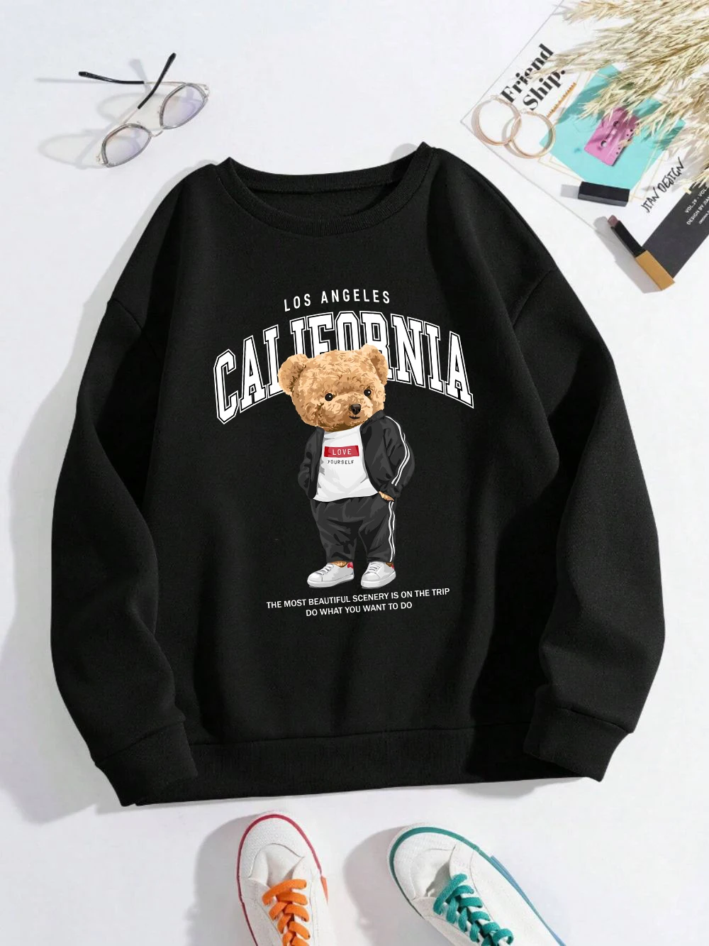 Fashion Women\'S Sweatshirt California Los Angeles Letter Bear Printed Pullover Soft Breathable Loose Hoodie Autumn Streetwear