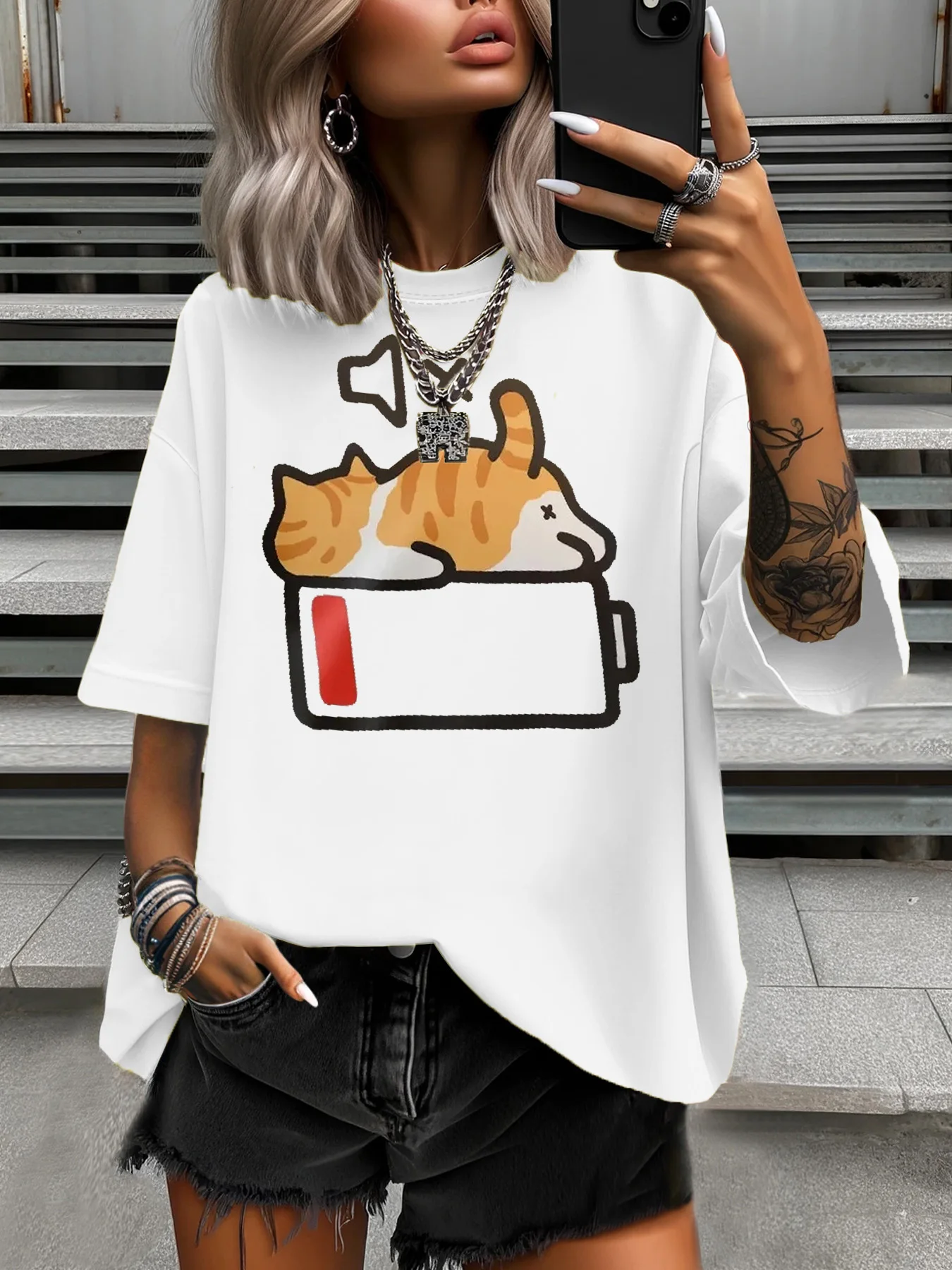 

Летняя женская футболка больших размеров, оригинальный дизайн, модные женские повседневные топы с забавным котом и принтом, круглый вырез, короткие рукава