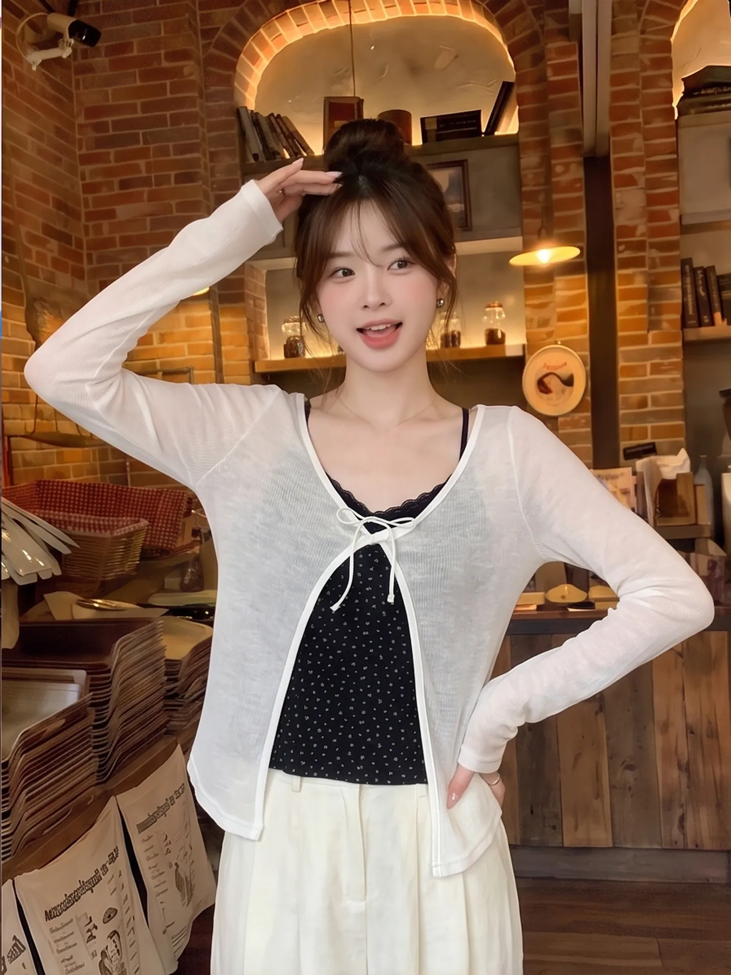 Korean Style Long Sleeve Knitted T-Shirt Women's Inner Checkered Strap Vest Layered Two-Piece Set Top City Walk Commute Wind