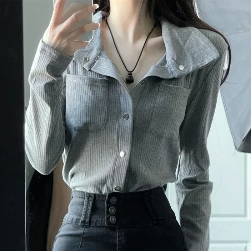 Plain Polyester Polo Neck T Shirt for Women With Collar Button Woman Tshirt Shirts New Y2k Fashion Basic Youthful Elegant Pretty