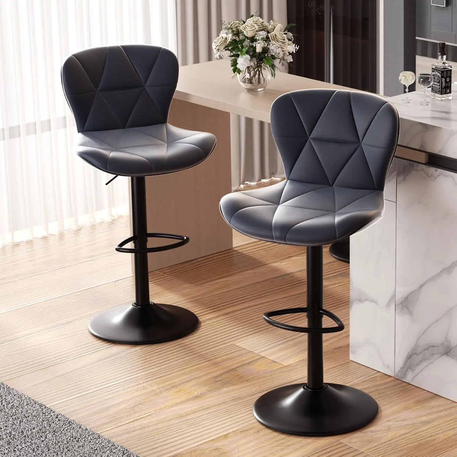 

Modern Bar Stools Set Of 2, Adjustable Faux Leather Upholstered Swivel Bar Stools, Counter Height Bar Chairs With Ba For
